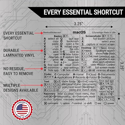 Vista 45 de Synerlogic (5 unidades) Pegatina de atajos de Mac OS, calcomanías de teclado para macOS, vinilo laminado sin residuos, hoja de trucos para MacBook