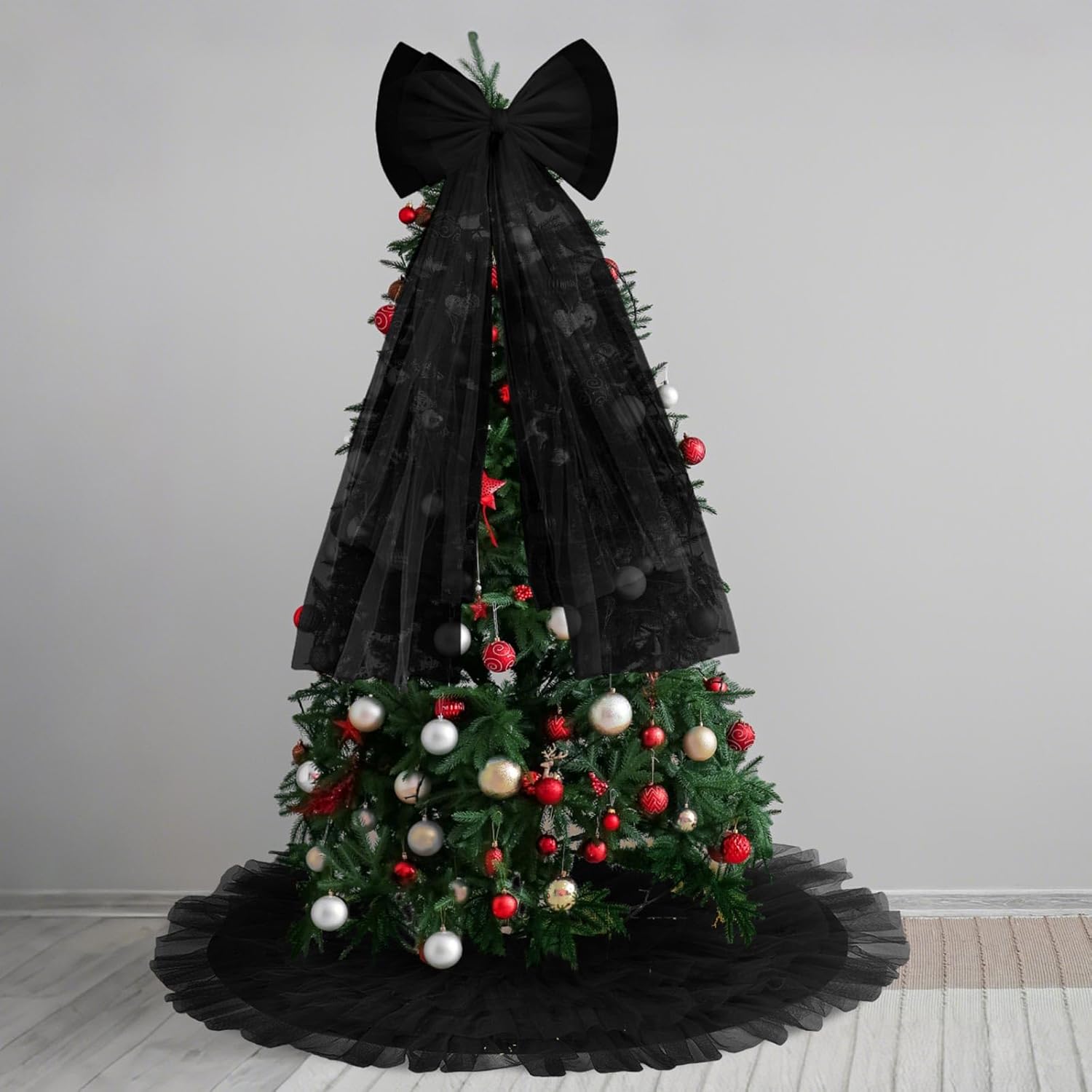 2 Pcs Black Christmas Tree Decoration Giant Black Bow Christmas Tree Topper 47 x 24 Inch Fabric Extra Large Bow Decor Artificial Xmas Skirt for Home Winter Holiday Party Wedding Ornament