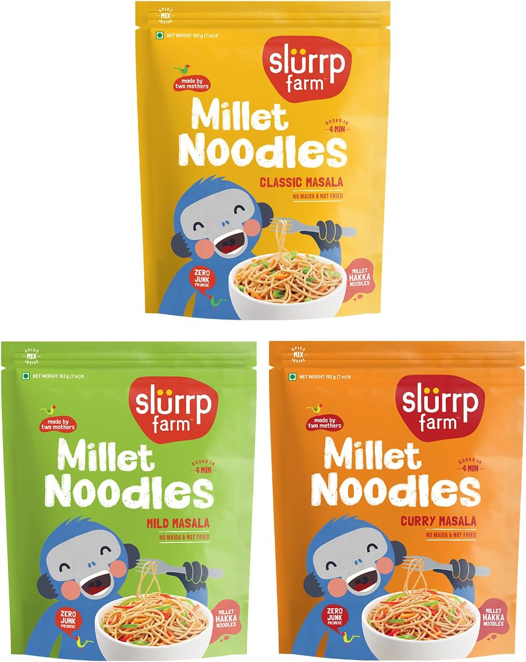 - Slurrp Farm No Maida Hakka Noodles Combo, Not Fried, No MSG, Classic, Mild and Curry Masala Millet Noodles, Pack of 3 X 192 g