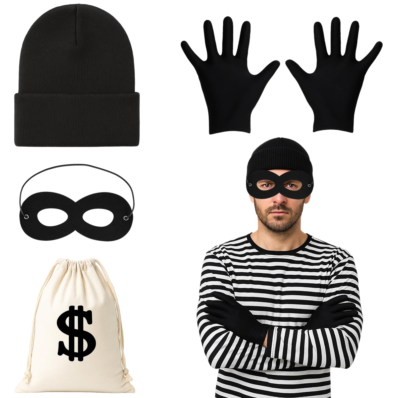 4Pcs Burglar Costume Set for Adults and Kids, Bank Robber Costume with Knit Beanie Cap, Eye Mask, Gloves, and Swag Bags, Perfect for Halloween Parties, Cosplay, and Themed Dress-Up Events