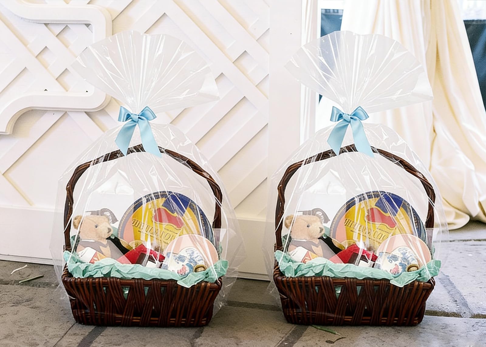 EKAPACKAGING Sacchetti trasparenti in cellophane, 76 x 101 cm, 10 pezzi, con nastri, sacchetti regalo per Pasqua, festa della mamma, bomboniere, snack, imballaggi alimentari, baby shower, confezioni