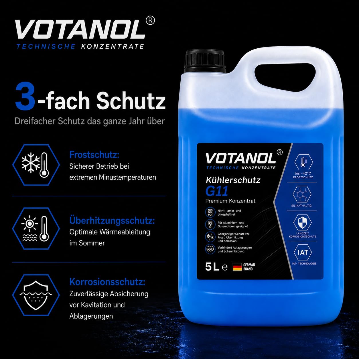 VOTANOL® 20 Liter Kühlerschutz G11 Konzentrat - Premium Kühlerfrostschutz Blau/Grün – Silikathaltige IAT-Technologie für Oldtimer, Youngtimer & Klassische Motoren