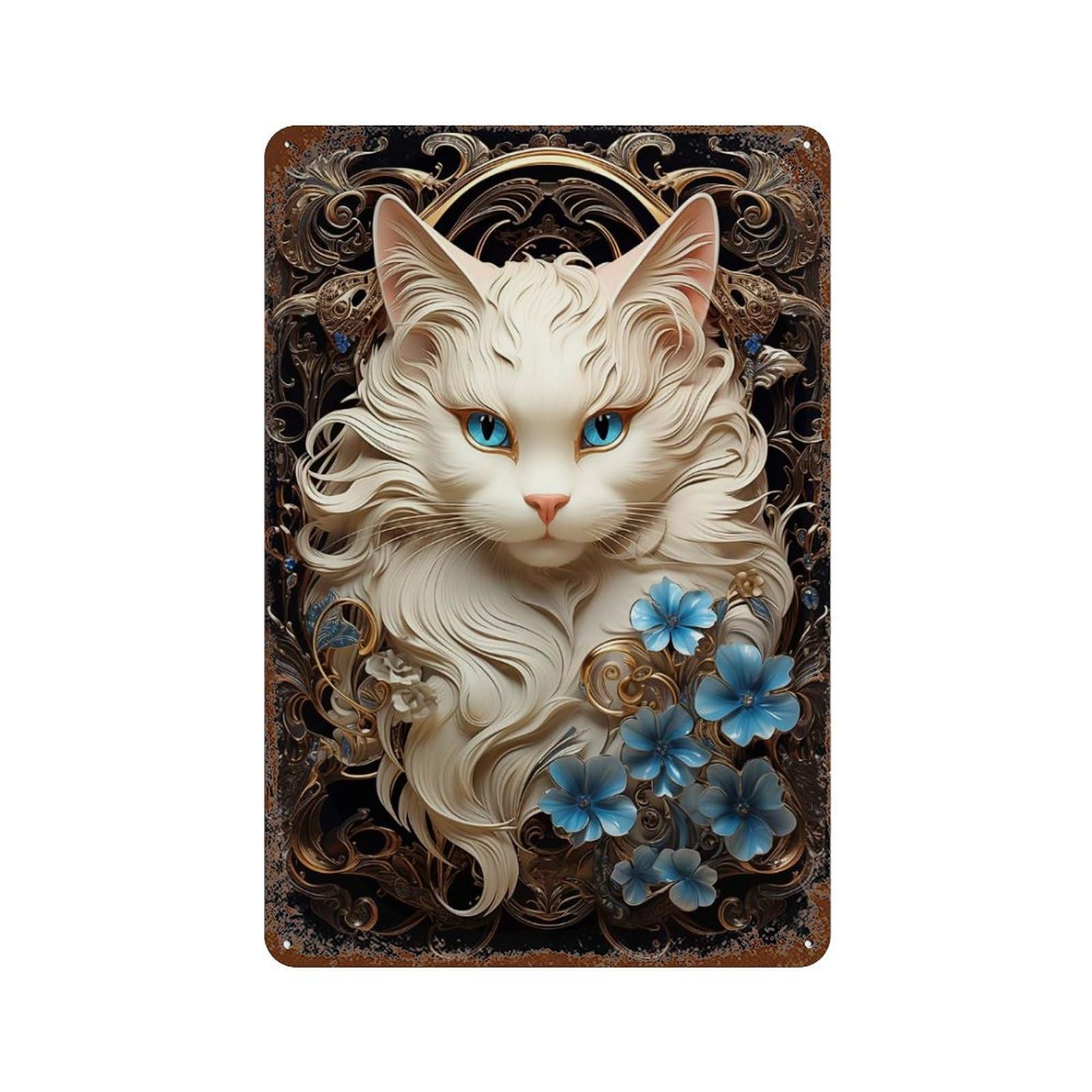 Garage Style White Cat Art Nouveau Gem Decorative Tin Sign 11.8"x7.9", Rustic Home Decor for Bar And Workshop