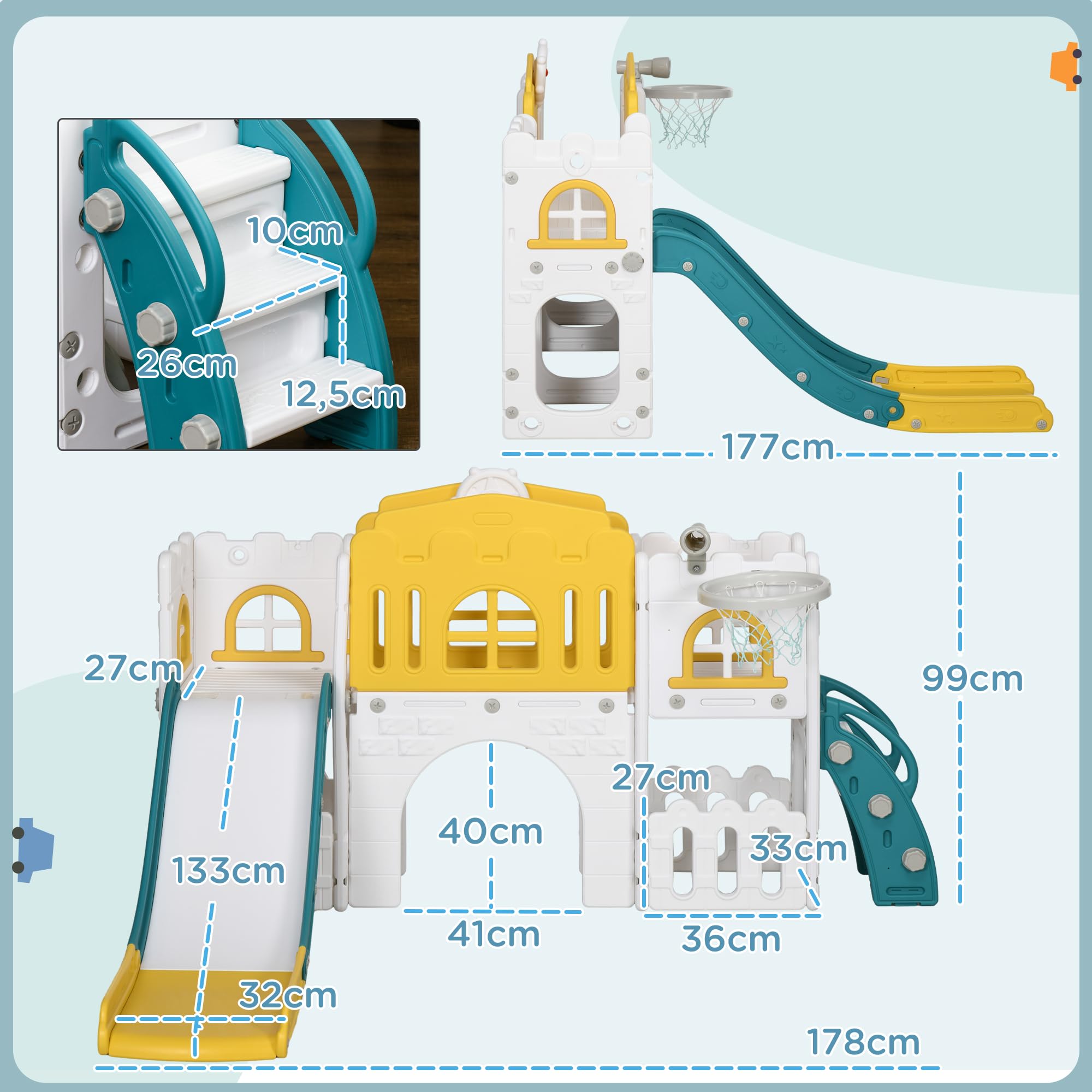 AIYAPLAY Kinder Rutsche 7-in-1 für 1 bis 3 Jahre mit Basketballkorb Gelb | Klettergerüst, Teleskop, Tunnel, Lenkrad, Plattformgang, Gartenrutsche, Kinderrutsche Kleinkinderrutsche, Indoor & Outdoor