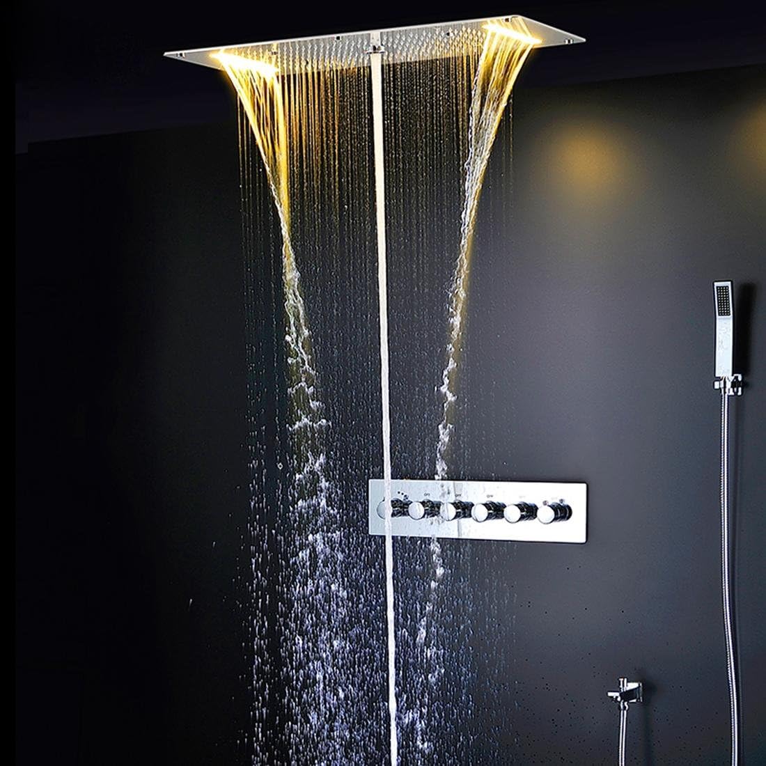 Fx@ Concealed Thermostatic Shower Set SUS304 Mirror Panel With LED Shower Head 380x700 Rainfall Mist Spray Waterfall Water Column