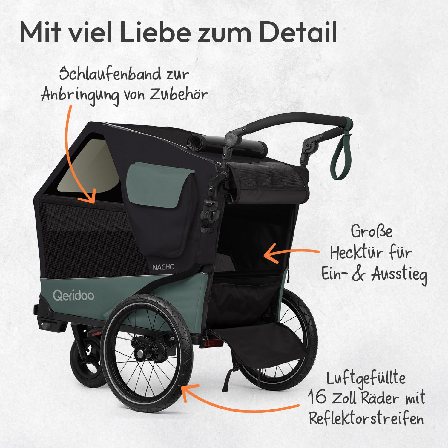 Qeridoo Nacho | Hundeanhänger für Fahrrad | Comfort für den Vierbeiner | Fahrradanhänger Hunde mit Buggy-Funktion | Hundefahrradanhänger mit Federung, Hundebett | Hundeanhänger | Bis 35 kg