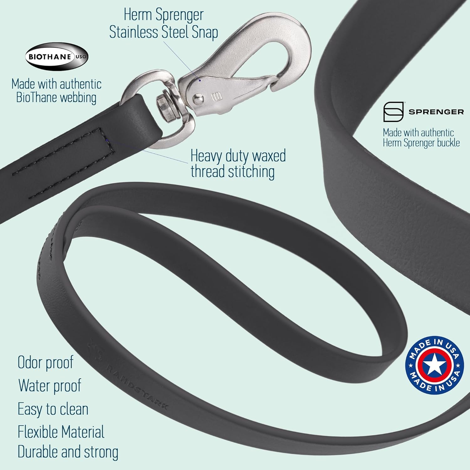 Biothane Waterproof Durable Dog Leash with Herm Sprenger Stainless Steel Swivel Snap Hook, 6 ft - for Medium and Large Dogs - Made in USA (Black, W5/8" x L6')