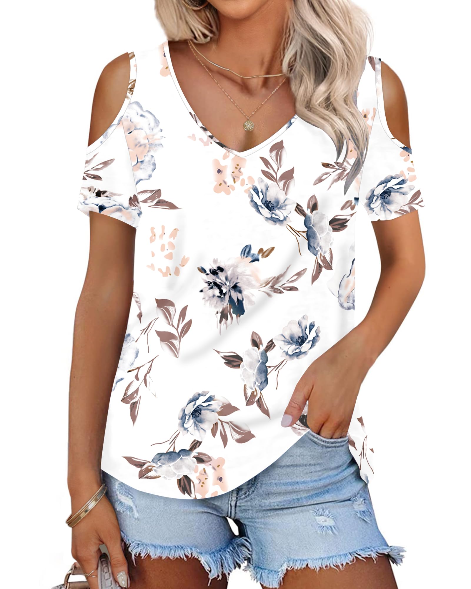 WNEEDU Camisetas Mujer Verano Camiseta Manga Corta Cuello V Top T-Shirt Elegante 2024