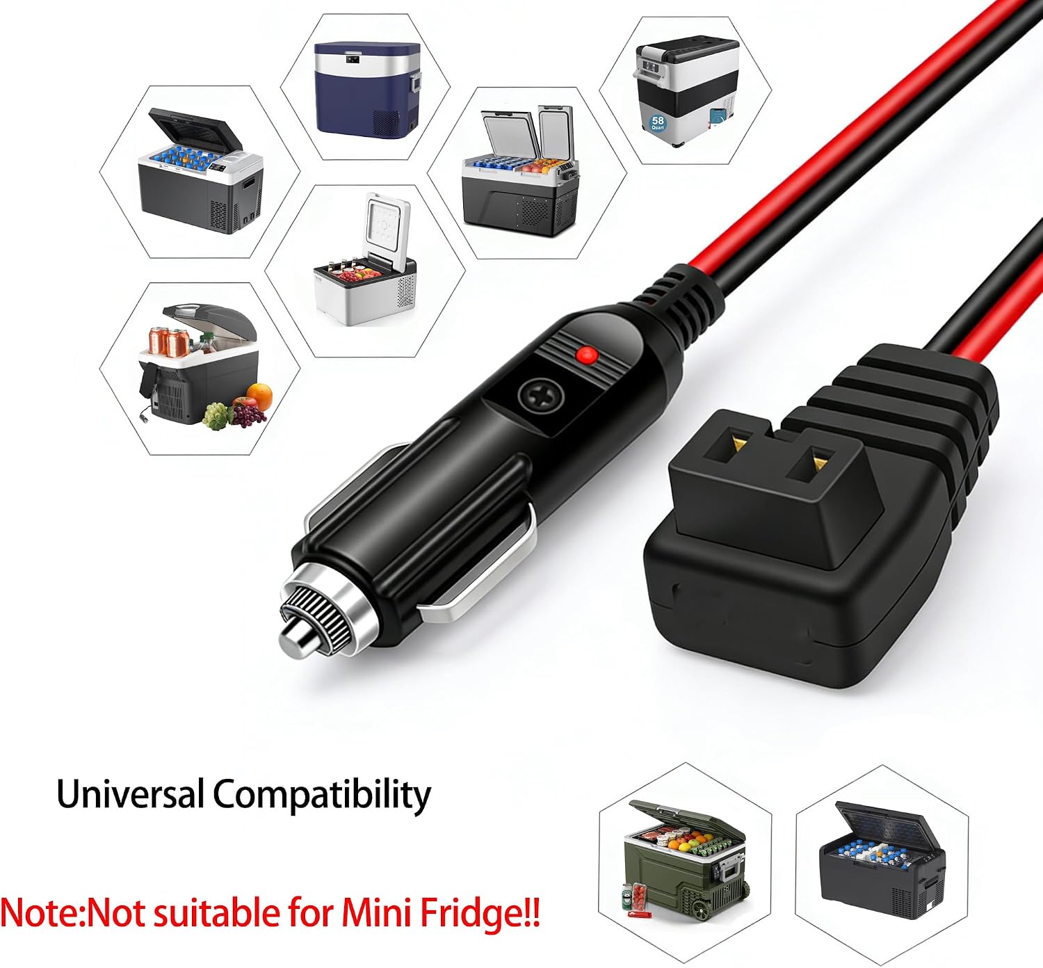 10FT Car Refrigerator Power Cord, 12V/24V DC Heavy Duty Cigarette Lighter Cable for Portable Car Fridge, Freezer and Electric Cooler