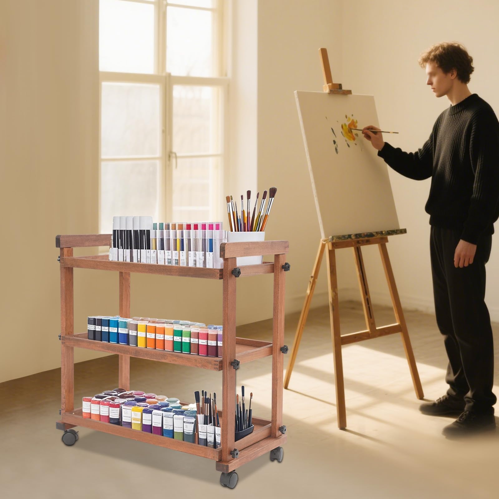 Braun wózek z drewna, wielofunkcyjny wózek do przechowywania, 3-poziomowy wózek do malowania, do sypialni, salonu, 77,5 x 42 x 76,5 cm