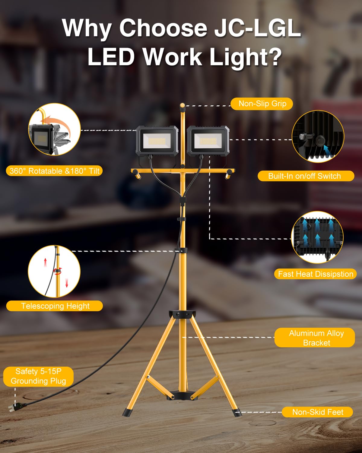 Luz de trabajo LED de 23000 lúmenes con soporte, 200 W, 2 cabezales ajustables, con soporte de trípode ajustable y plegable, lámpara impermeable con interruptor para construcción, lugar de trabajo