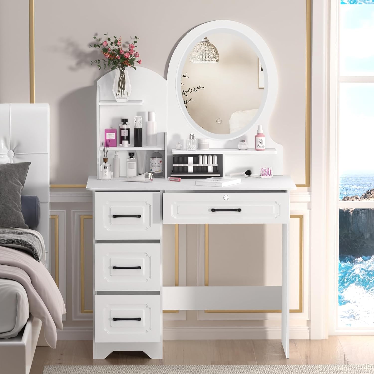 Dressing Table, Vanity Table with Mirror,Makeup Desk with 4 Drawers Wooden Modern Bedroom Dresser, Makeup Table Makeup Vanity Table with Light, Bedroom Dressing Table for Bedroom White