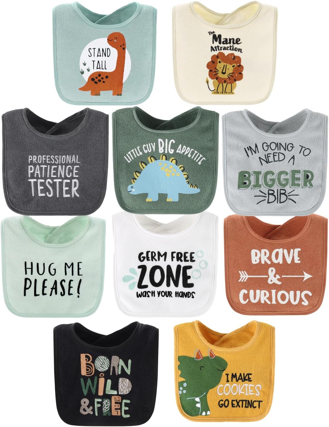 Baby Boy Terry Bibs Set of 10-100% Cotton, Soft, Absorbent Baby Bibs, Toddler Boy Set, Newborn & Infant Bib - Dinosaur