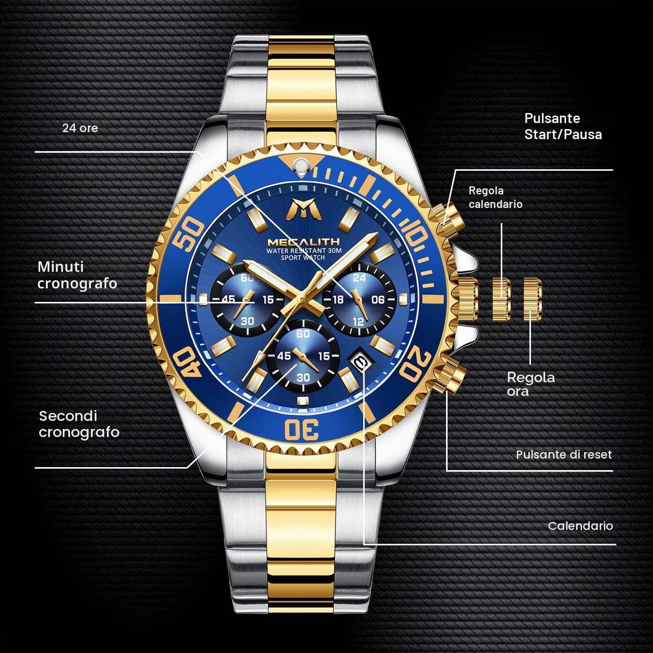 MEGALITH Orologio Uomo Cronografo Acciaio: Elegante Analogico Data Luminose | Orologi Vestito da Polso Quadrante Grande per l'Uso Quotidiano Lavoro - Regalo per Padre Marito Natale Anniversari Matrimonio