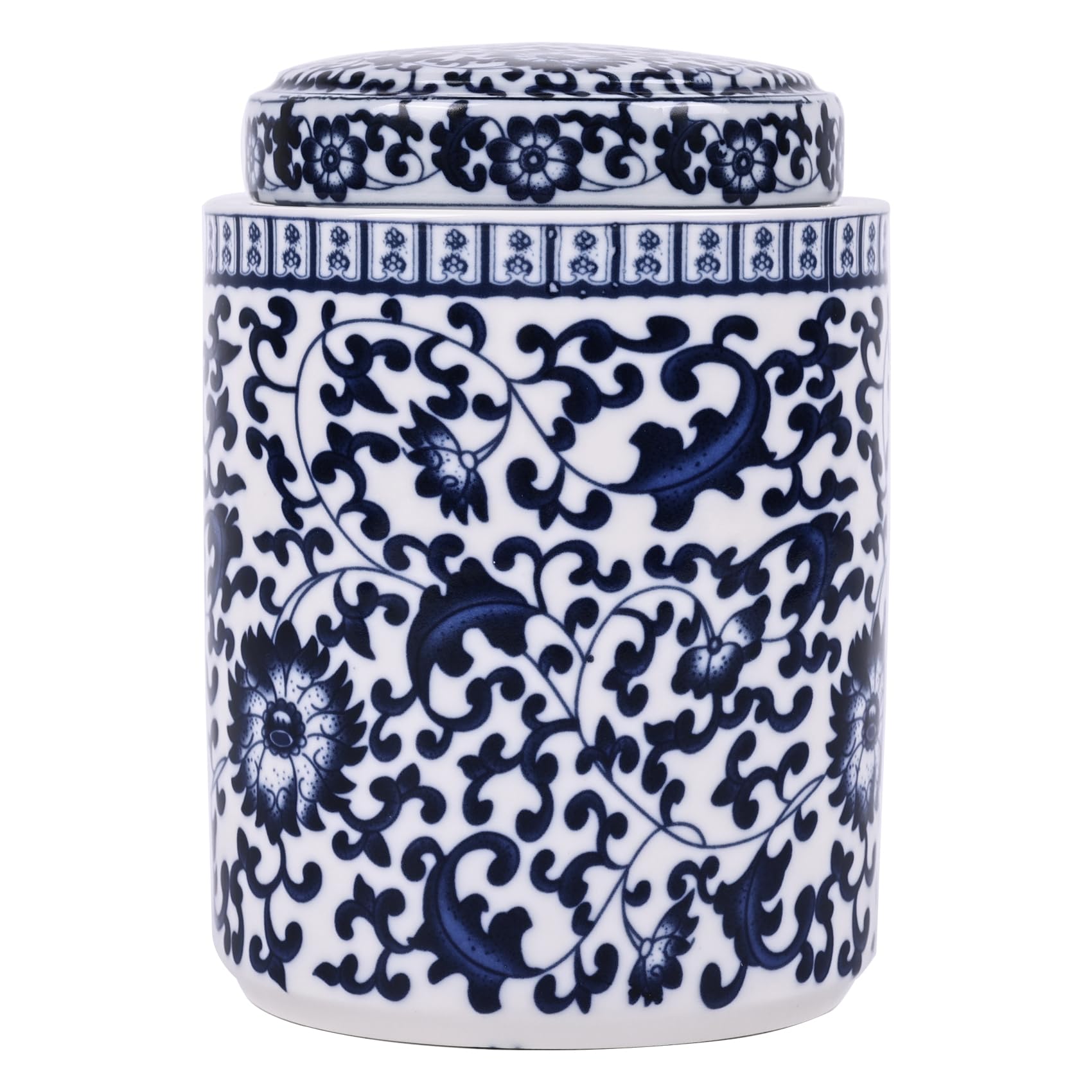 Jarrón de cerámica con tapa de porcelana azul y blanca chino, estilo Ming de China, diseño tradicional