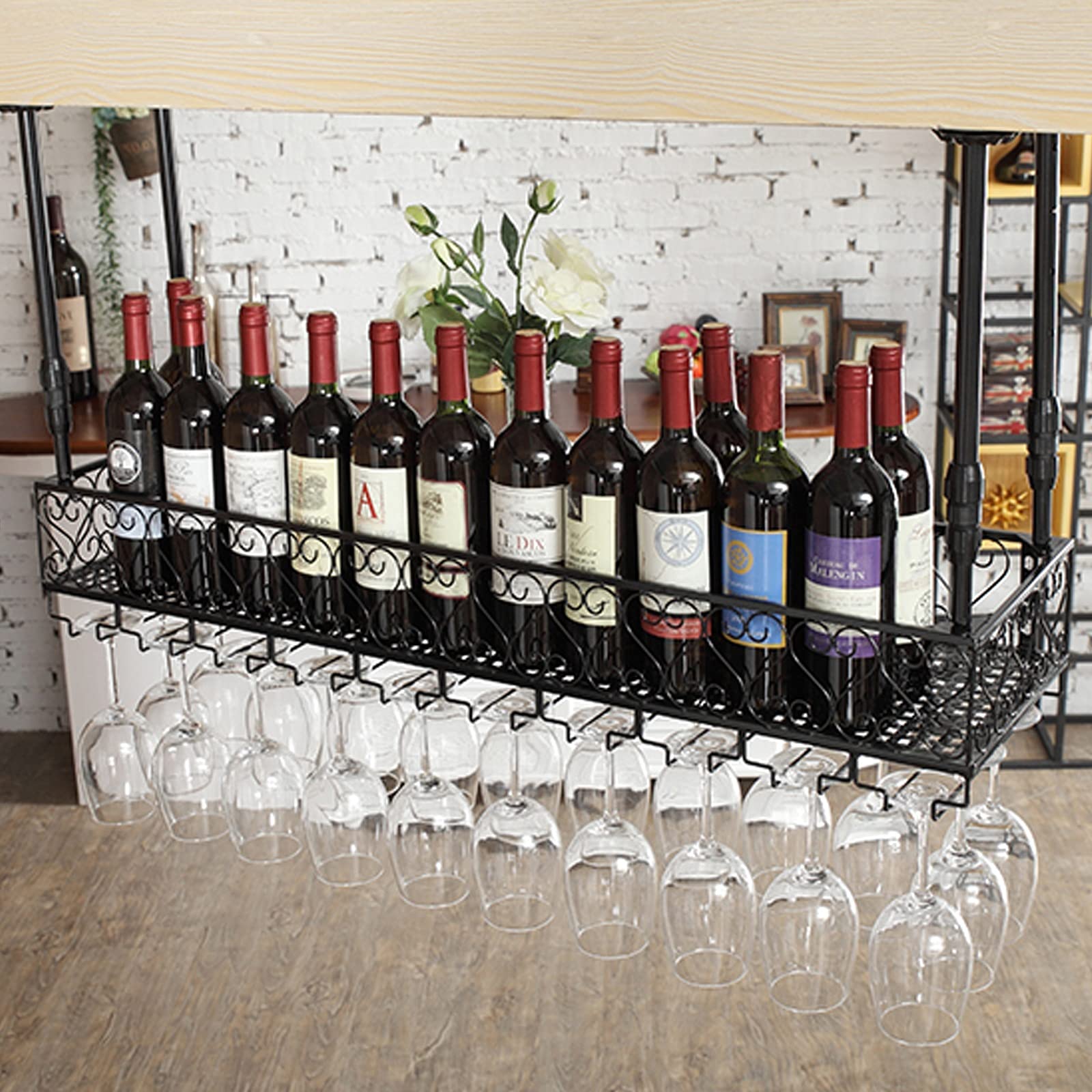 Étagère à vin de plafond en fer réglable avec rangement verres