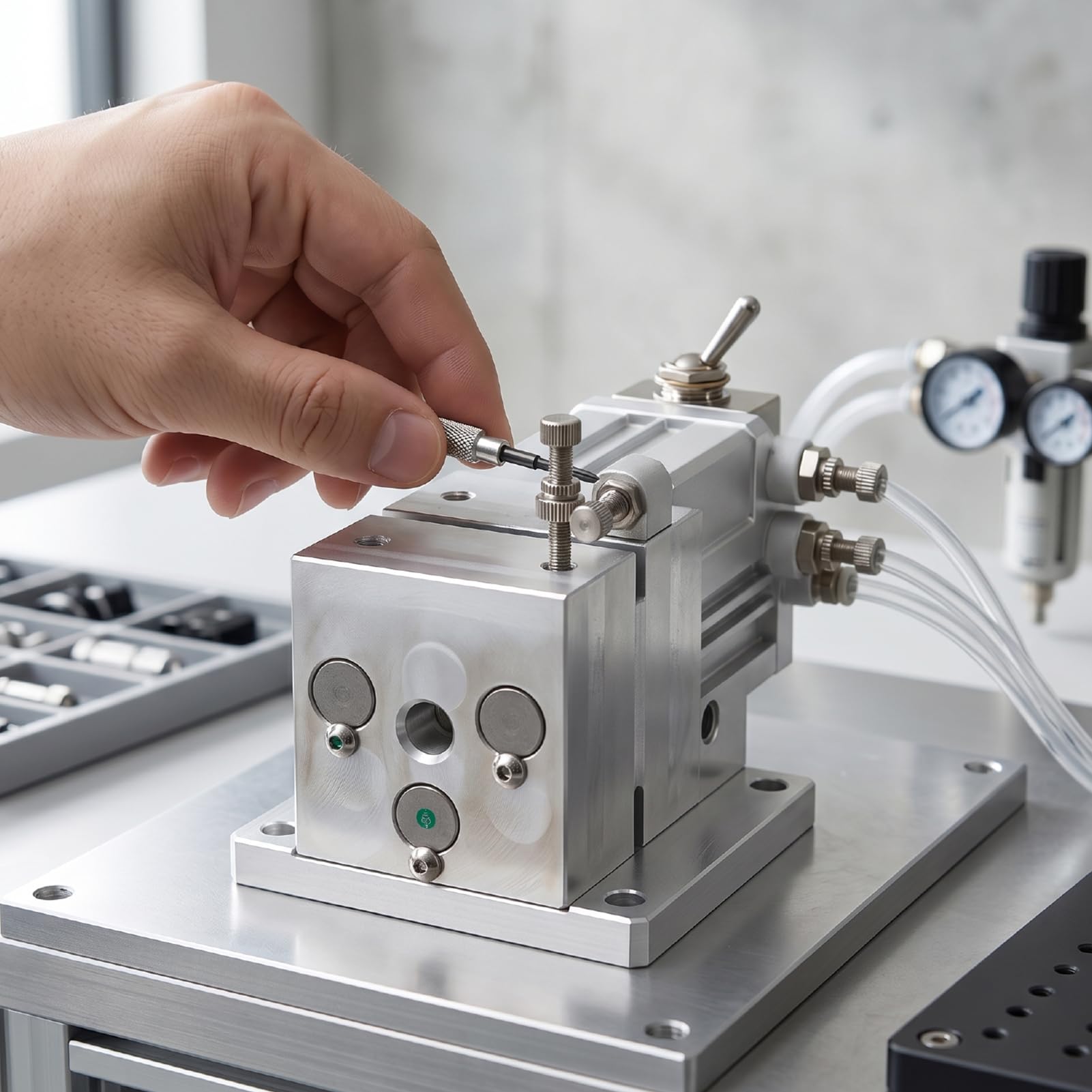 Fafeicy Imadło Pneumatyczne Aluminiowy Uchwyt Zaciskowy o Skoku 3 Mm, 88,18 Funta (poniżej Ciśnienia 0,5 MPA) Imadło Pneumatyczne z Szybkozłączem do Wiercenia CNC Szlifowanie Grawerowanie