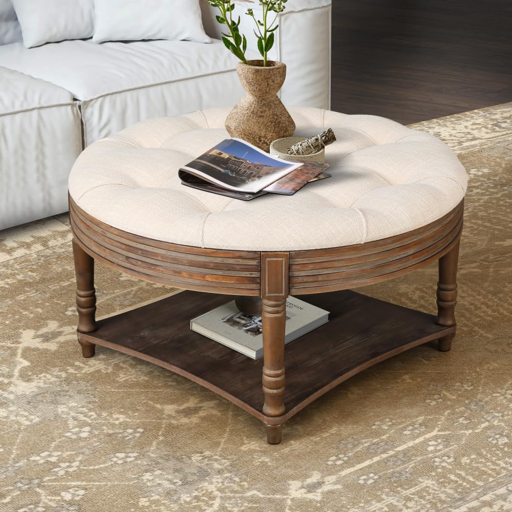 Large Round Waterproof Ottoman Coffee Table 2 Tier Oversized Button Tufted with Wooden Shelf Storage Farmhouse Upholstered Coffee Table Living Room Footstool Linen(Beige White)