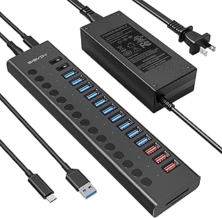 Acasis USB C Hub - 17 Ports USB 3.0 Hub for PC/Laptop/Computer（13 USB A Ports+2 Type C Ports+SD/TF Card Reader, Individual On/Off Switches, 12V/7.5A Power Adapter, Aluminum Housing