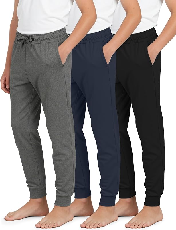 Real Essentials 3 Pack: Boys’ Ultra-Soft Jogger Pajama Pants - Kids Lounge Pjs Sleepwear (Size 4-18)