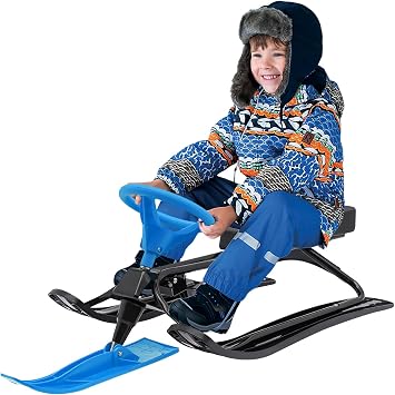 Snow Racer Sled, Twin Brakes Ski Sled Slider Board with Steering Wheel & Bicycle Handle for Kids Age 3-15 Years Blue