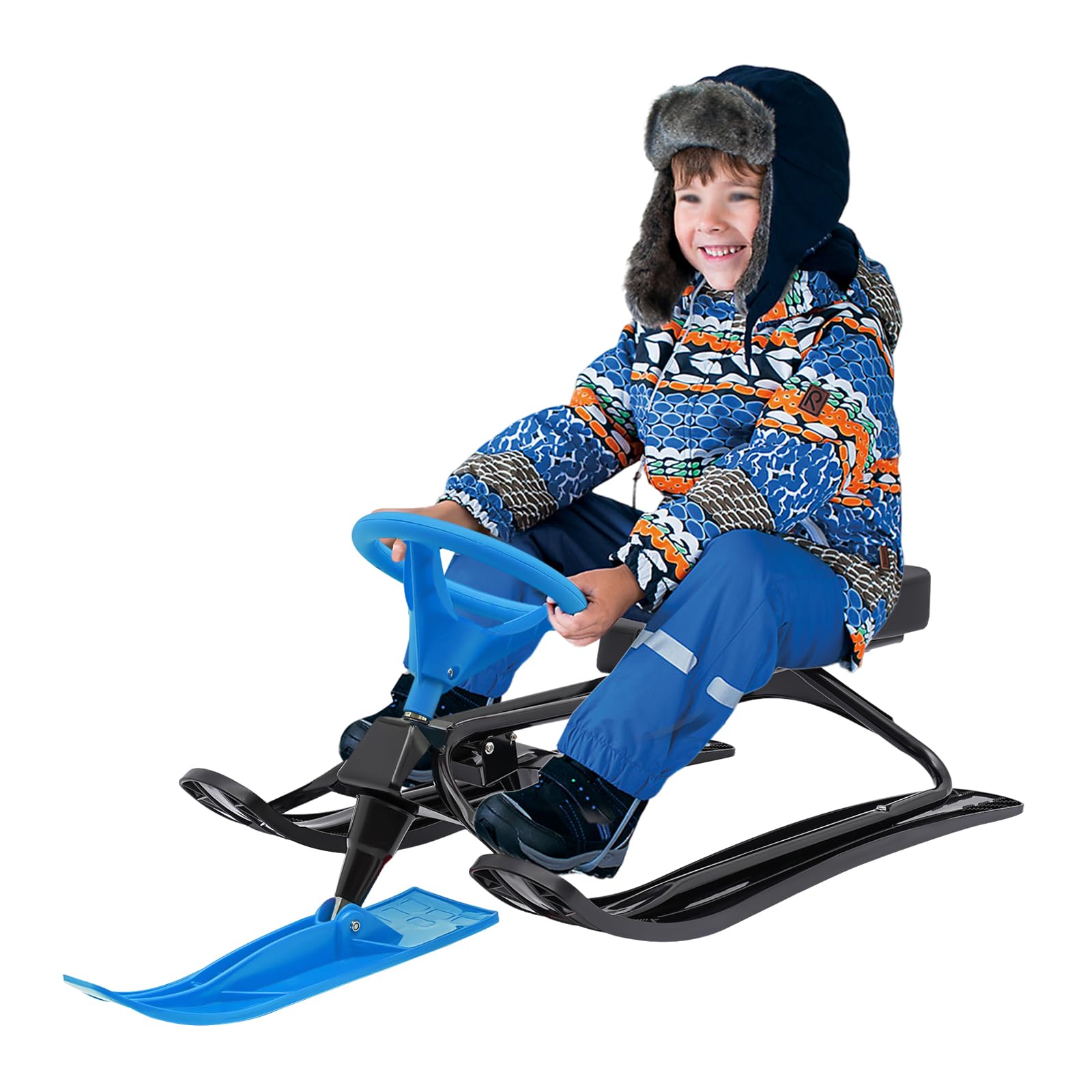 Snow Racer Sled 114 × 50 × 38 cm z podwójnymi hamulcami nożnymi i elastyczną kierownicą i antypoślizgowymi pedałami – wytrzymałe sanki dla dzieci w wieku 3-15 lat i dorosłych do 100 kg