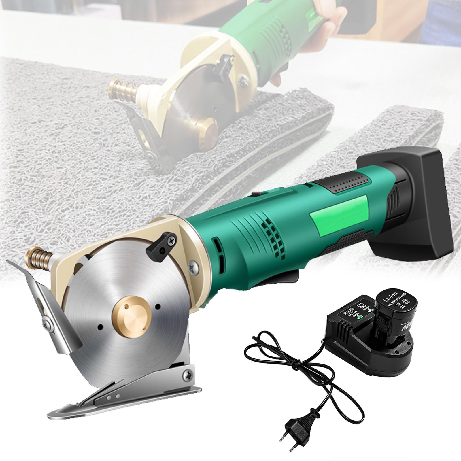 Taglierina rotativa per tessuti, mini taglierino elettrico senza fili, spessore massimo di taglio 3,3 cm, include 2 batterie, lame rotonde da 90 mm di diametro, ideale per tappeti e pelle