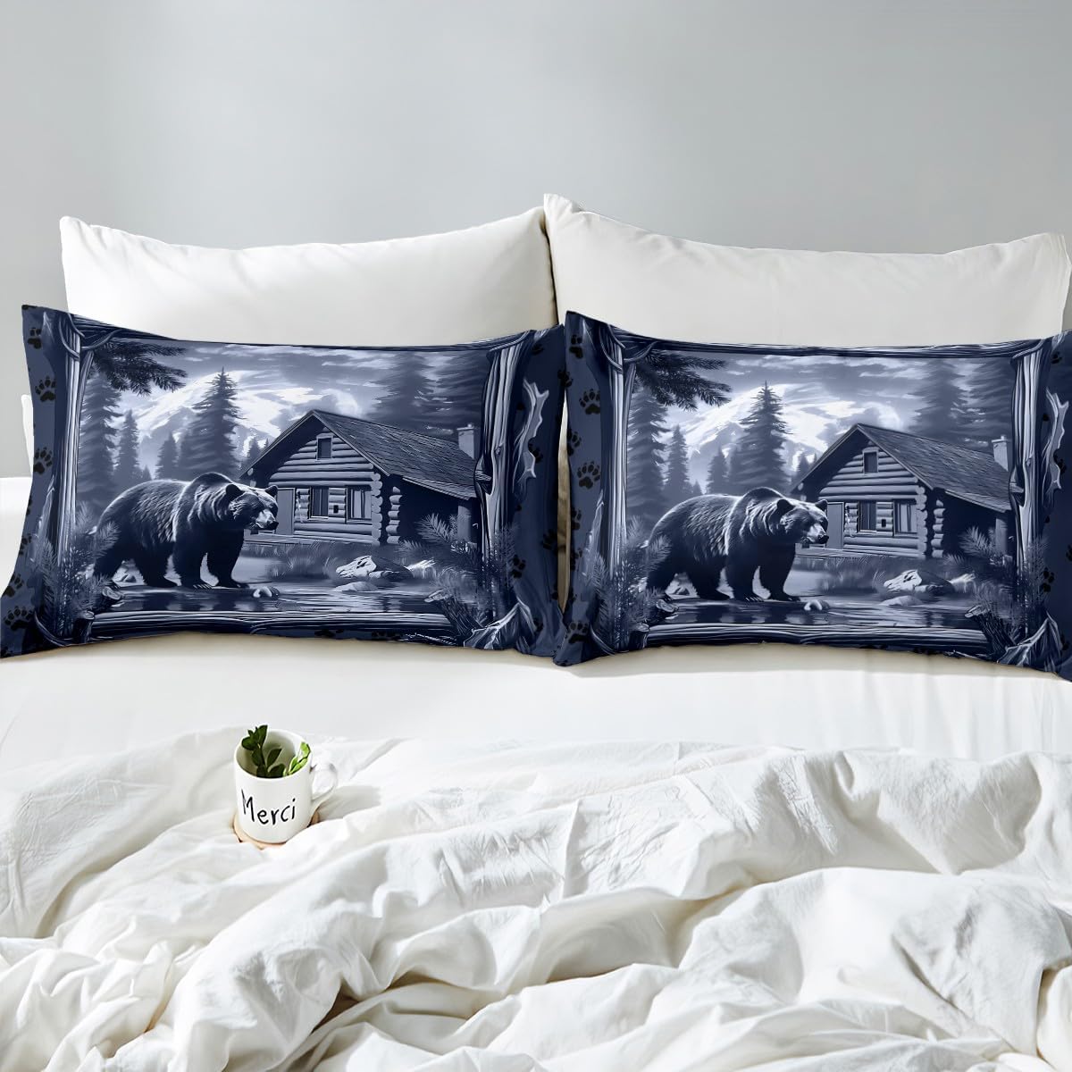 jejeloiu Kids Bear Bedding Set Toddler Size Rustic Cabin Lodge Bedding Duvet Cover Set for Boys Teens Decor Nature Wildlife Bear Comforter Cover Set Farmhouse Blue 2Pcs,No Comforter