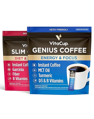 VitaCup Paquete de 48 barras de café instantáneo Mezcla genial y delgada Superalimentos y vitaminas B1, B5, B6, B9, B12 y D3 con infusión Vegano