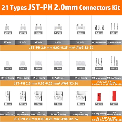Miniatura 5 de Kit de herramienta de crimpado y conector JST PEBA - 21 tipos de conectores JST-PH de 2.0 mm de 23456 pines y pines de crimpado, carcasas y