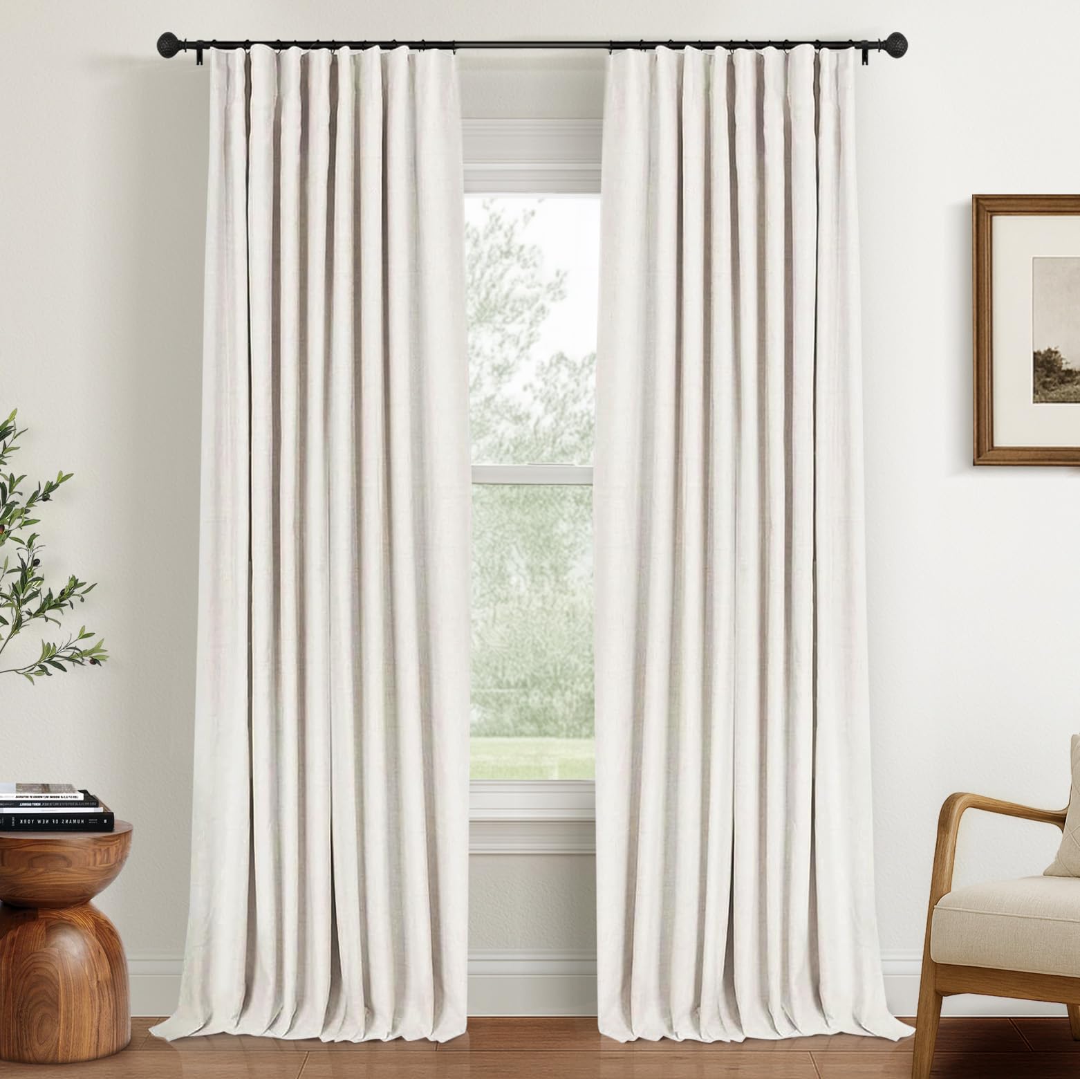 INOVADAY 100% Blackout Curtains for Bedroom, Black Out Curtains 84 Inch Long, Clip Rings Linen Blackout Drapes, Thermal Insulated Room Darkening for Living Room, 2 Panels - Beige,W50xL84