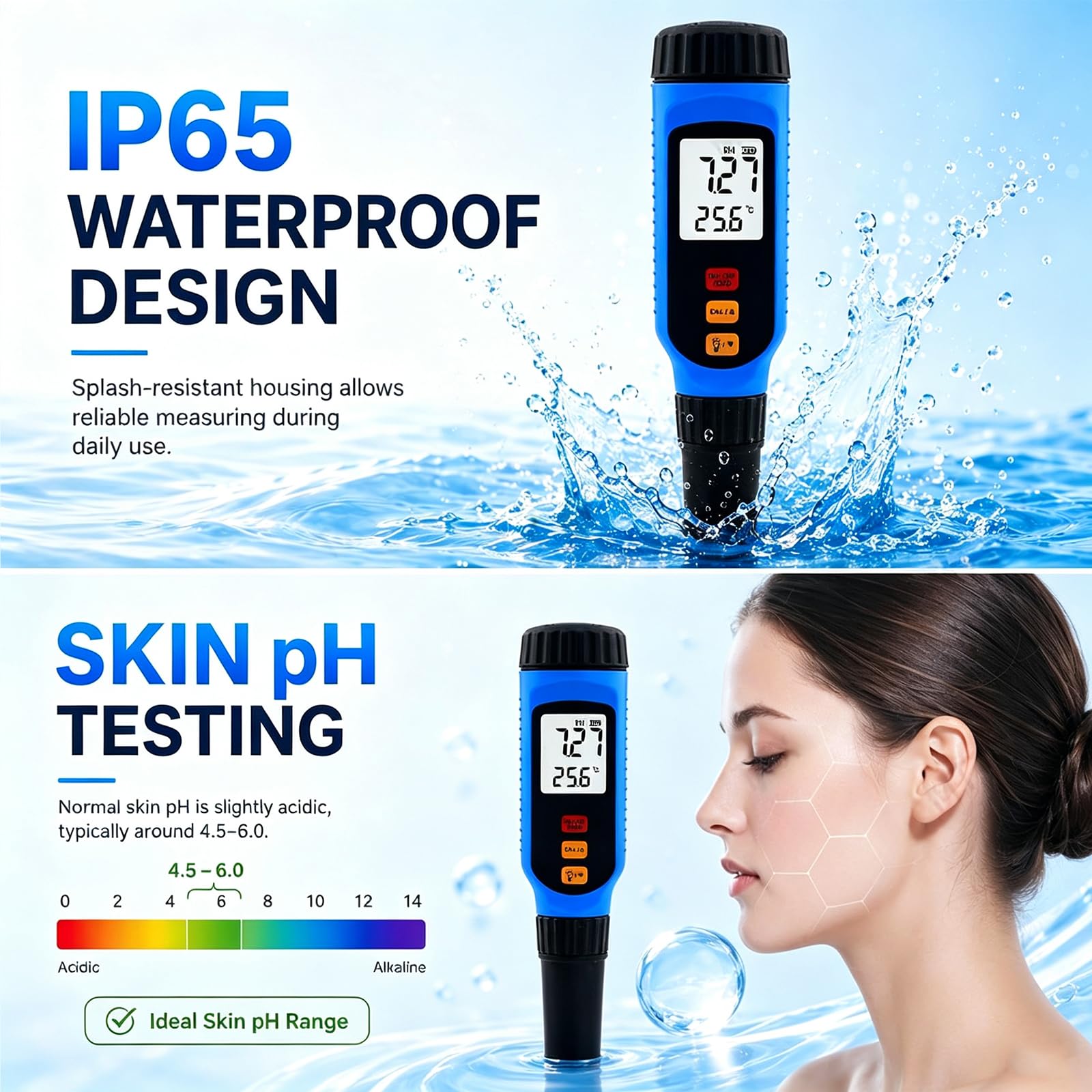 Medidor De Ph con Sonda Plana Ip65, Probador Digital De Superficies con ATC, Calibración De Tres Puntos Y Función De Retención De Datos; Mide El Ph En Líquidos, Tejidos, Cuero Y Pieles