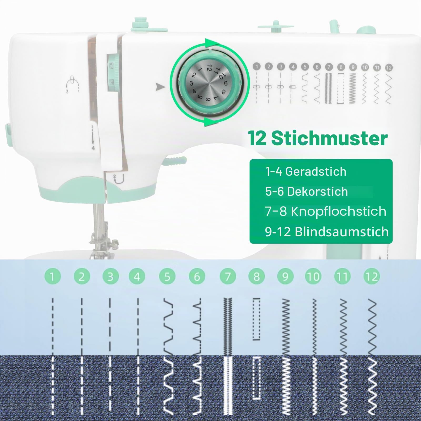 Nähmaschine für Anfänger, 12 Stichmuster & 2 Geschwindigkeiten | 12 Stichmuster, 2 Stufen & Doppelstich. Fußpedal/Knopf. LED-Licht, 9 Spannungen. Komplettset mit Zubehör.