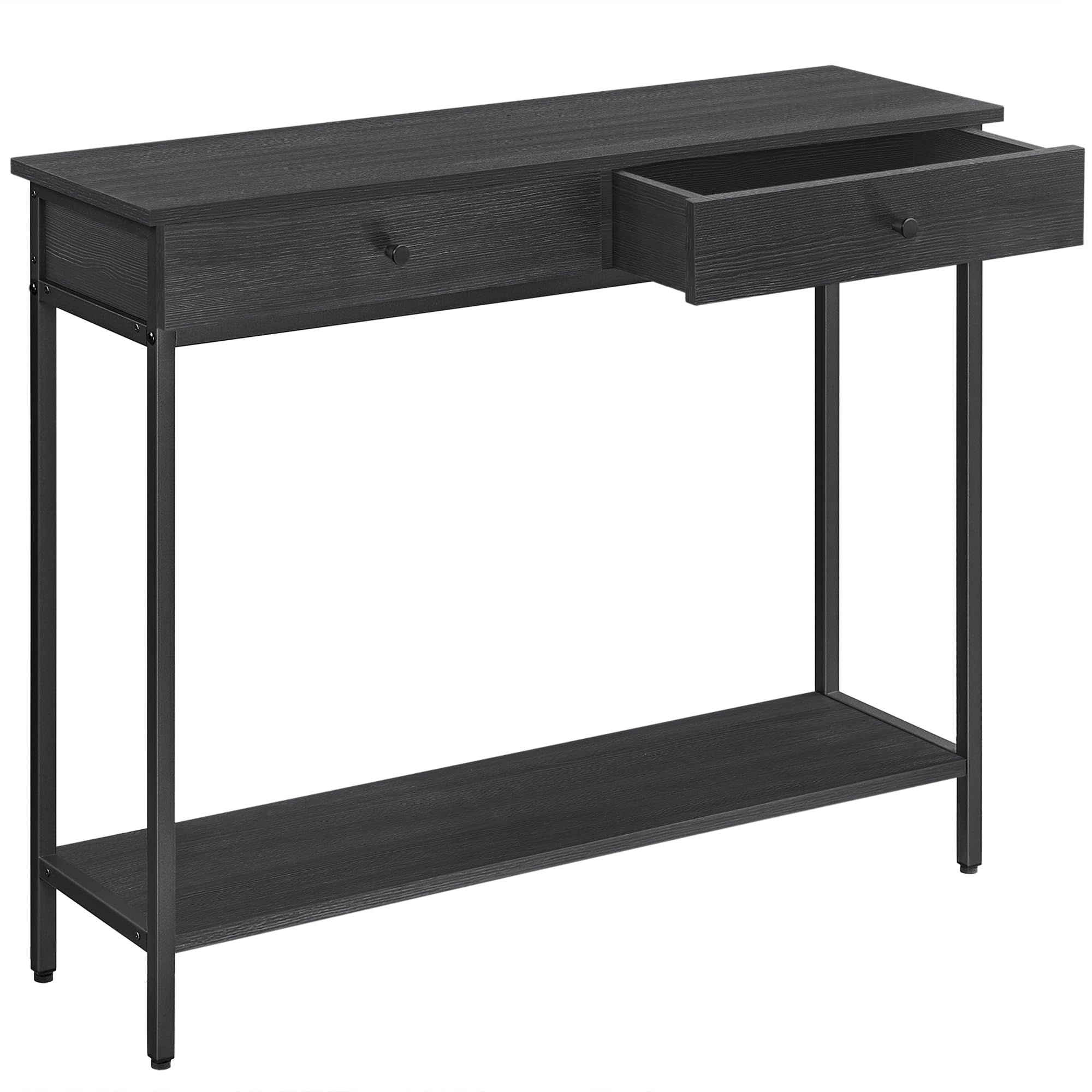 VASAGLE Mesa de Consola, Mesa de Entrada, Mesa de Sofá con 2 Cajones, Marco de Acero, Estable, para Pasillo, Dormitorio, Salón, Estilo Industrial, Gris Carbón y Negro Tinta LNT015B07