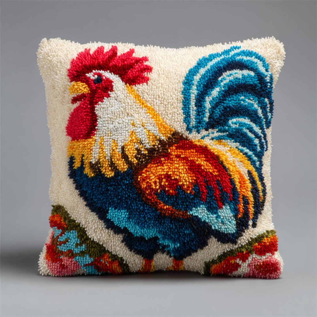 Kitquiver Animal Latch Hook Kits for Adults Colorful Rooster DIY Latch Hook Kits Pillow Needlepoint Cushion Kit for Home Décor Needlework Set for Adult Beginners 17x17In