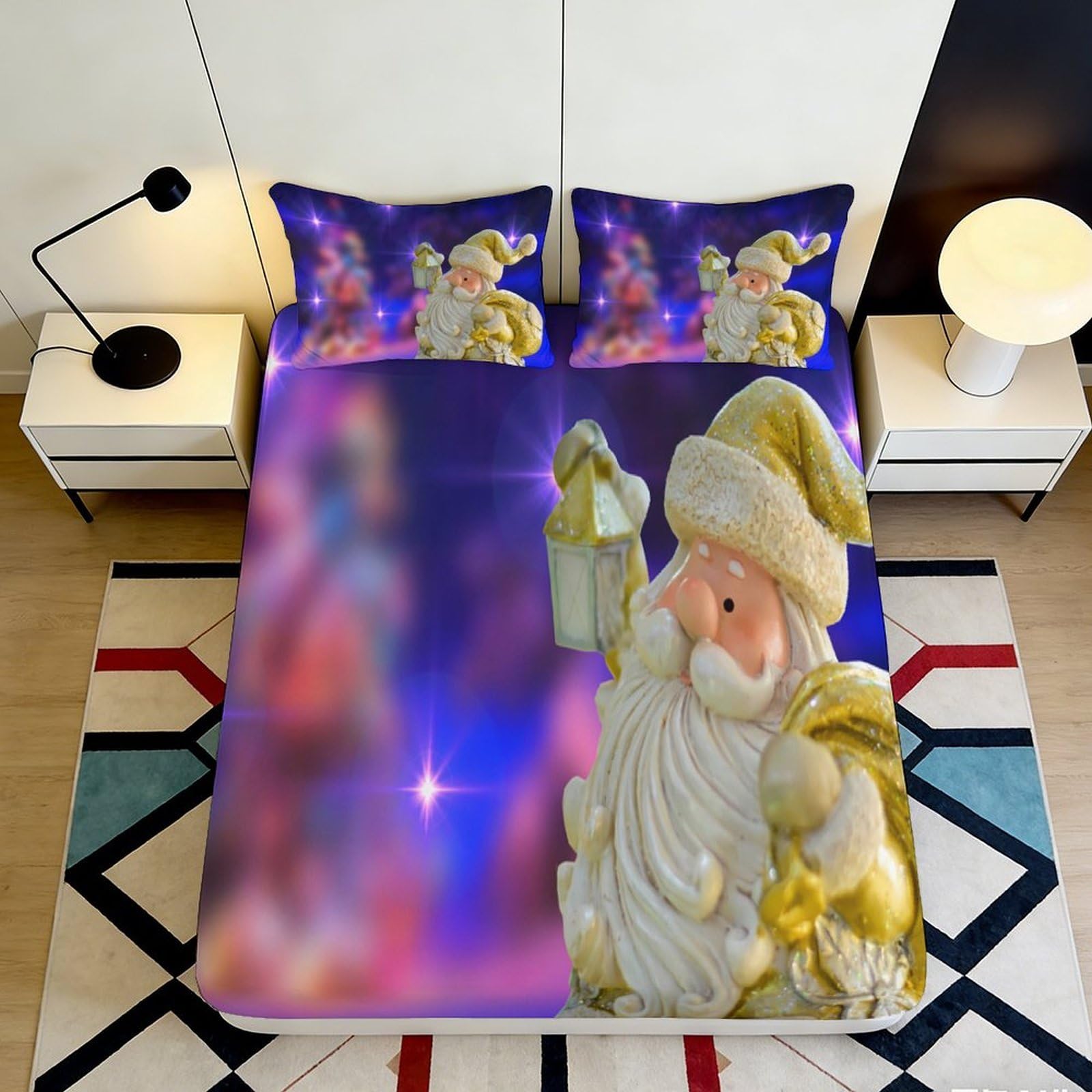 3D Printed Santa Claus Fitted Sheet Microfiber Soft Purple Christmas Lights Mattress Cover for Bedroom Guest Room Dorm 90x200x25cm