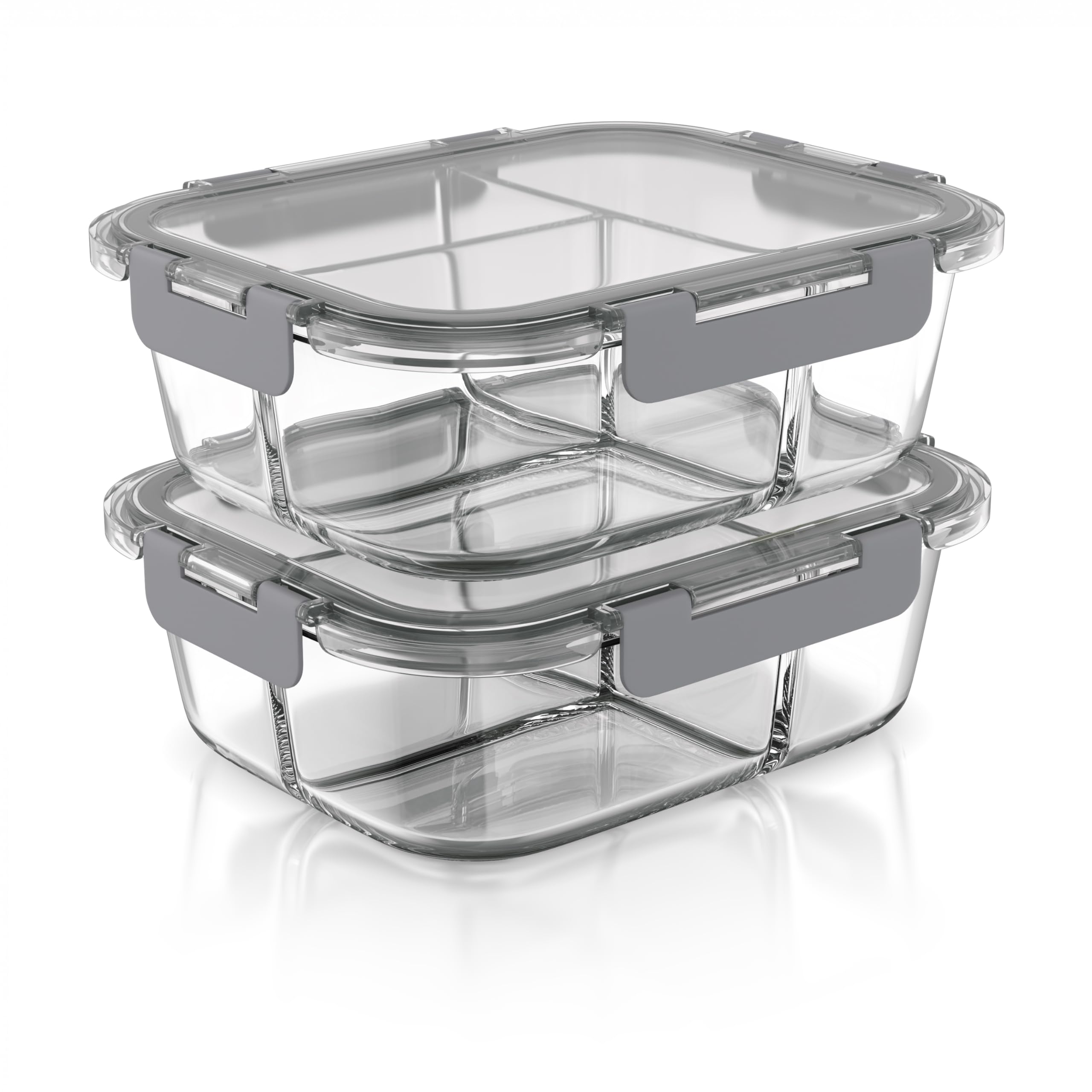 Arendo - Glas Frischhaltedosen Vorratsdosen für Lebensmittel mit Deckel luftdicht - 3 Fächer - 2er Set - 1500 ml - für Mikrowelle Gefrierschrank - Spülmaschinen geeignet - Lunchboxen Meal Prep Boxen