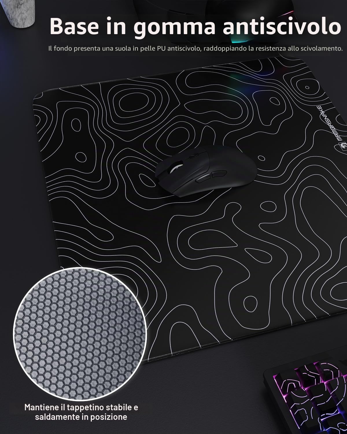 MAMBASNAKE x ATTACK SHARK CM05 Contour Glass Hard Gaming Mousepad,Nano-Micro-Etched Texture,Smooth Glass Surface,High Accuracy,Fast-Moving,Anti-Scratch, PU Leather Non-Slip Base, Large Size(450×400mm)