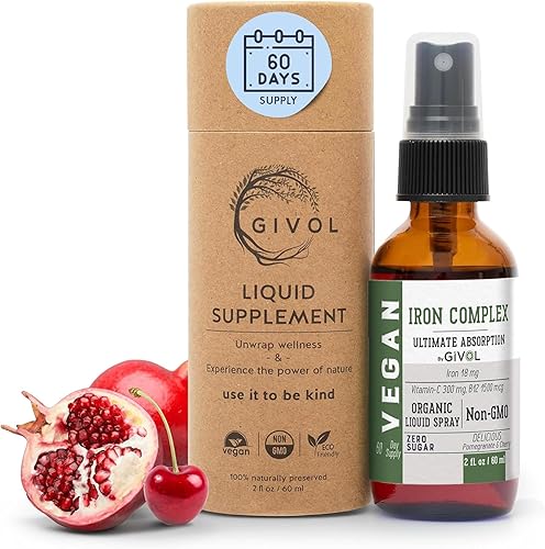 GIVOL Iron Bisglycinate Complex + Vitamin C + B12 for Women, Men & Kids Sugar-Free Vegan Liquid Spray Energy & Immunity Booster Non-GMO2FlOz