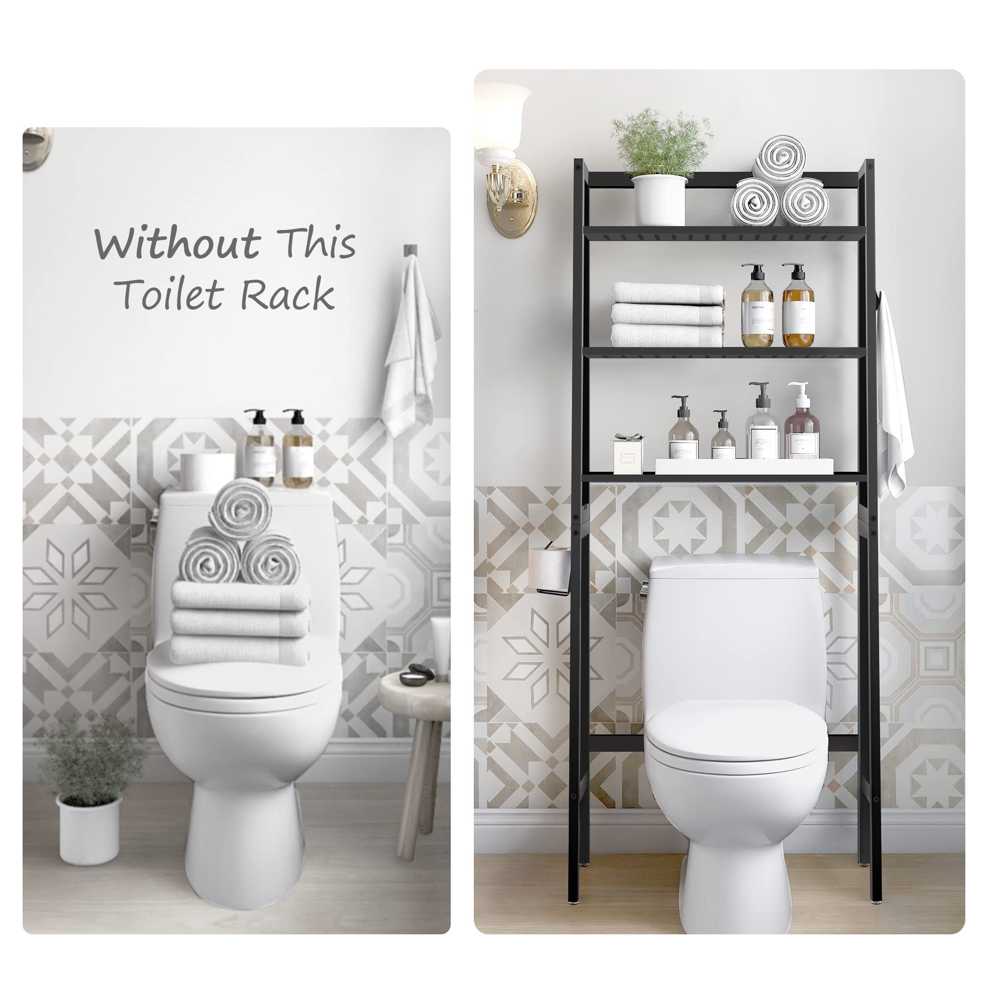 MallKing Mensola portaoggetti per bagno, 3 Livelli Sopra Scaffale per lavatrice, organizzatore di spazio per il bagno, autoportante sopra la toilette con porta carta igienica e ganci (Nero)