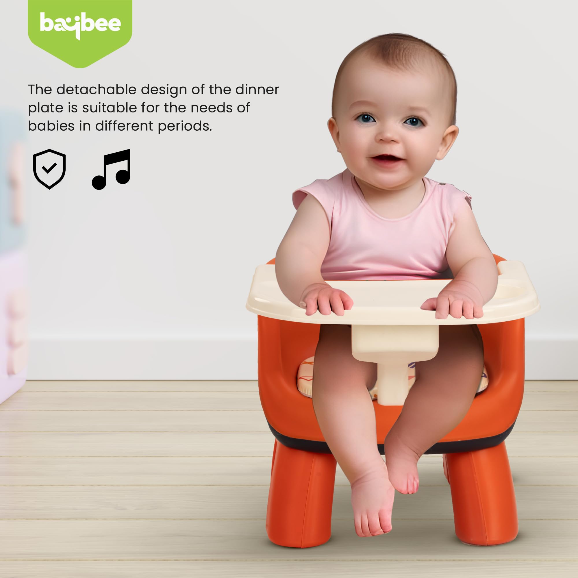 Baybee Creto Baby Feeding Chair for Babies | Portable Kids Sitting Chair with Removable Cushion Pad & Food Tray | Booster Seat for Baby | Infant Feeding Chairs 6 Months to 3 Years (Orange) - Image 2 thumbnail