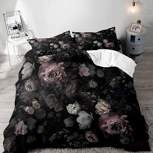 LUVIVIHOME Juego de 3 piezas de funda de edredón con estampado floral negro, juego de cama gótico, estética victoriana oscura y sombría, jardín