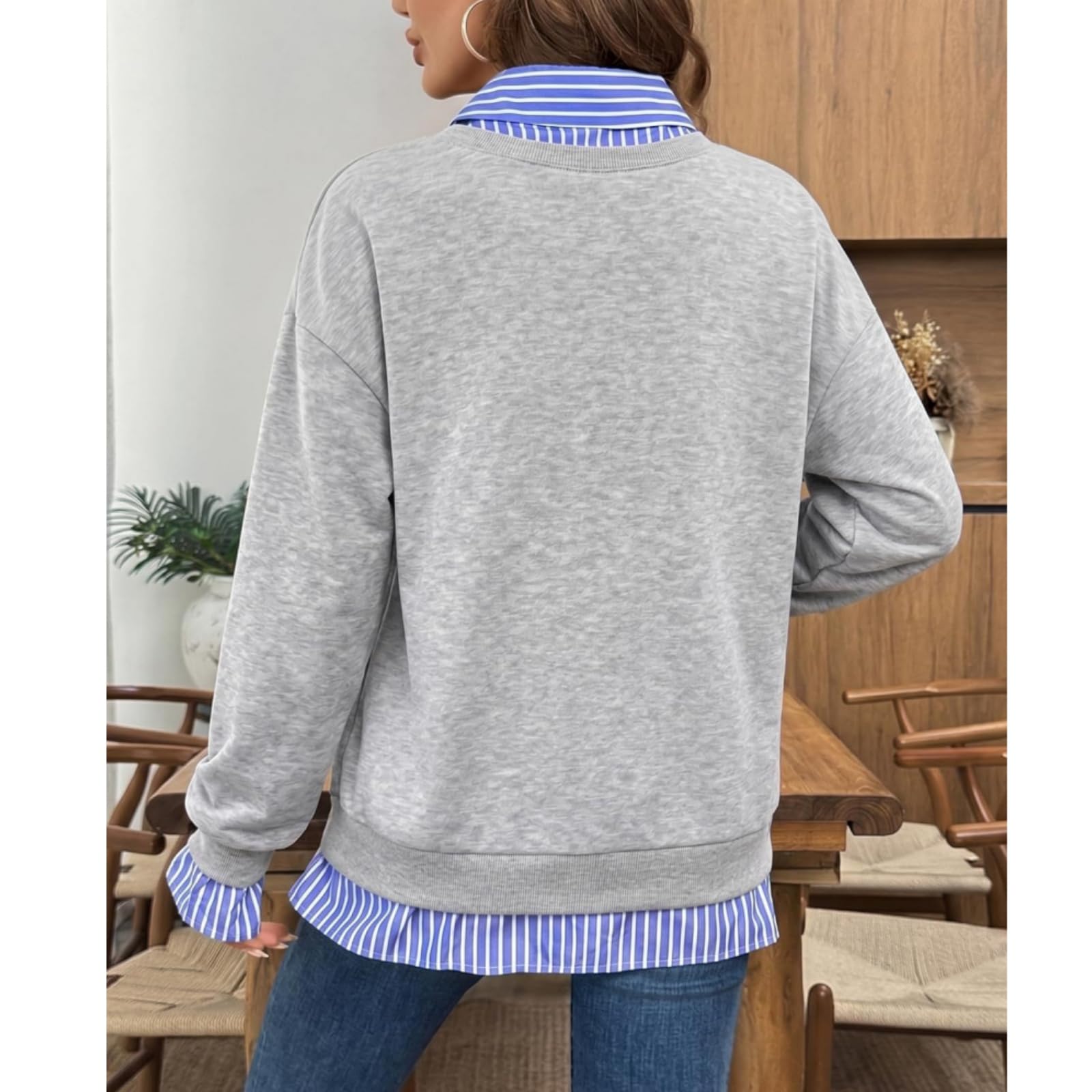 Felpe autunnali da donna – Felpa patchwork a righe con colletto