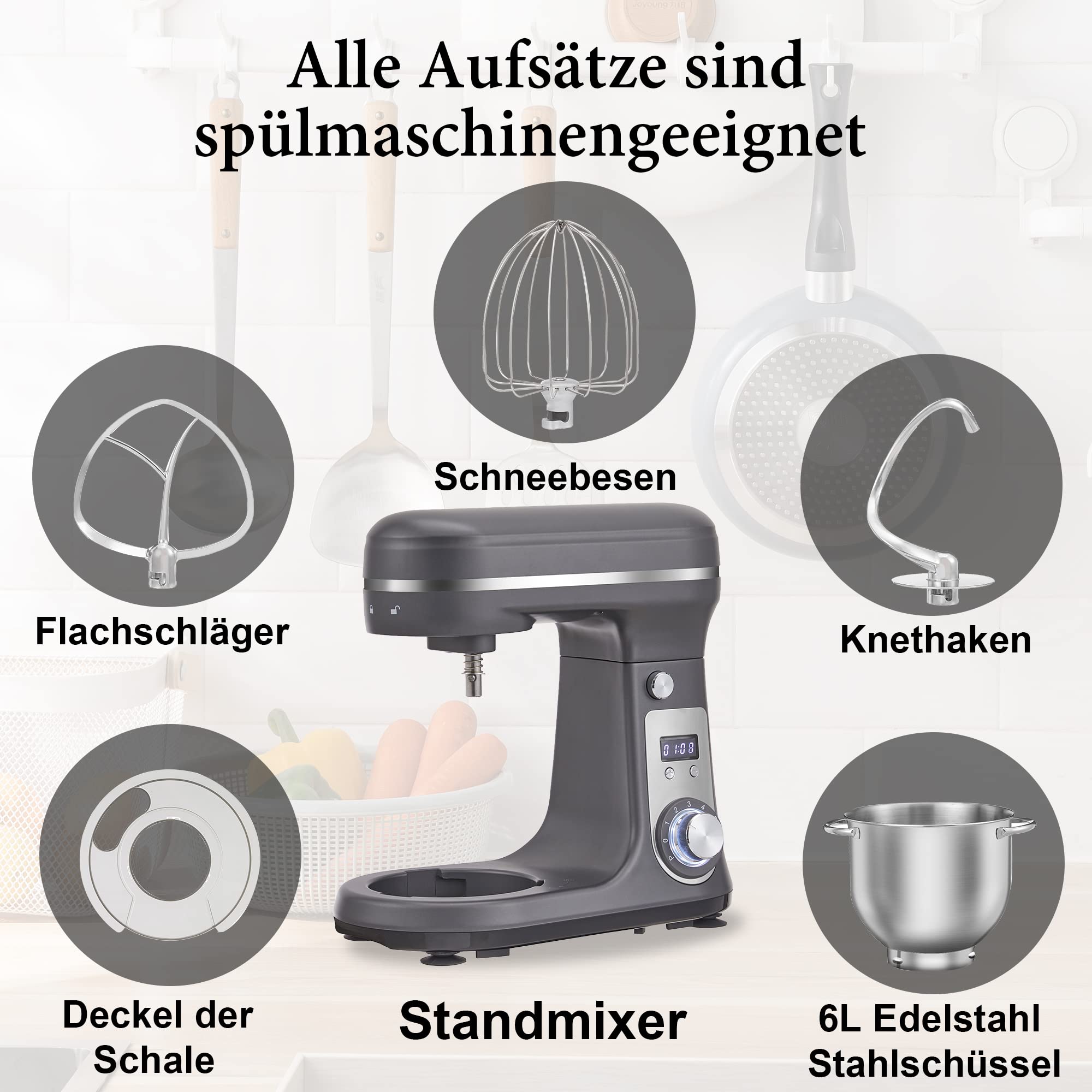 Biolomix Kitchen Electric Stand Mixer, 6-Speed Food Processor with