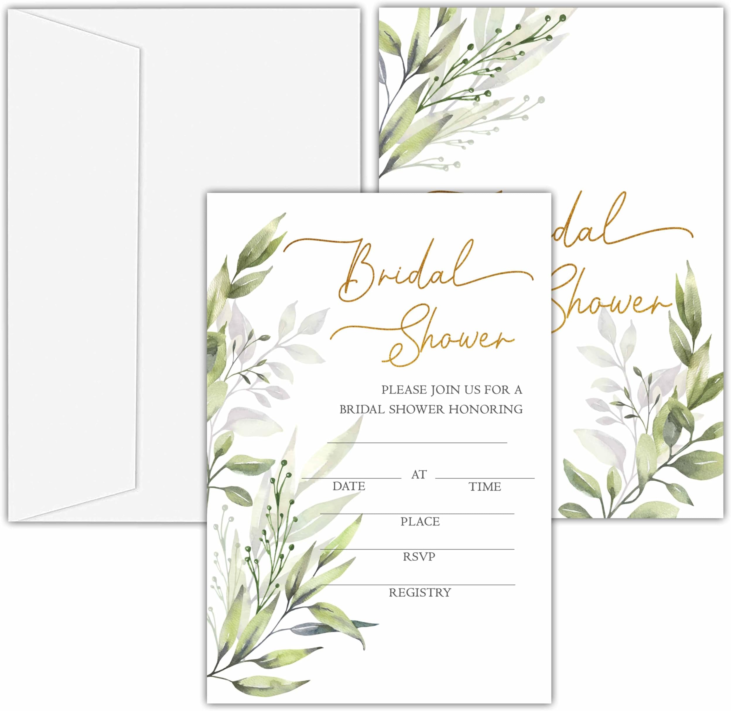 Bridal Shower Invitations, 25 Eucalyptus Invites with Envelopes for Bridal Shower Reception Engagement Party, Greenery Wedding Party Cards - A01