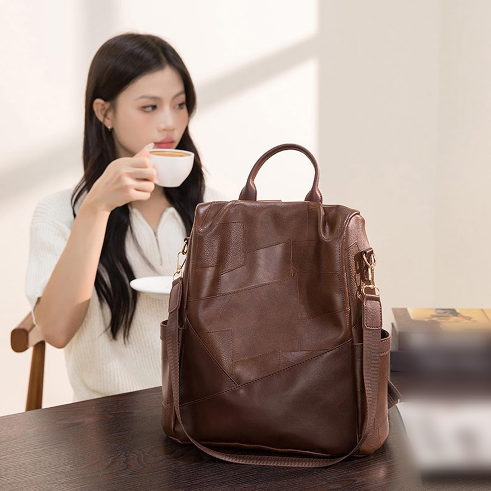 Damen-Rucksack Geldbörse PU-Leder Diebstahlsicher Mehrzweck-Umhängetasche für Arbeit, Reisen, Einkaufen, Business,Braun