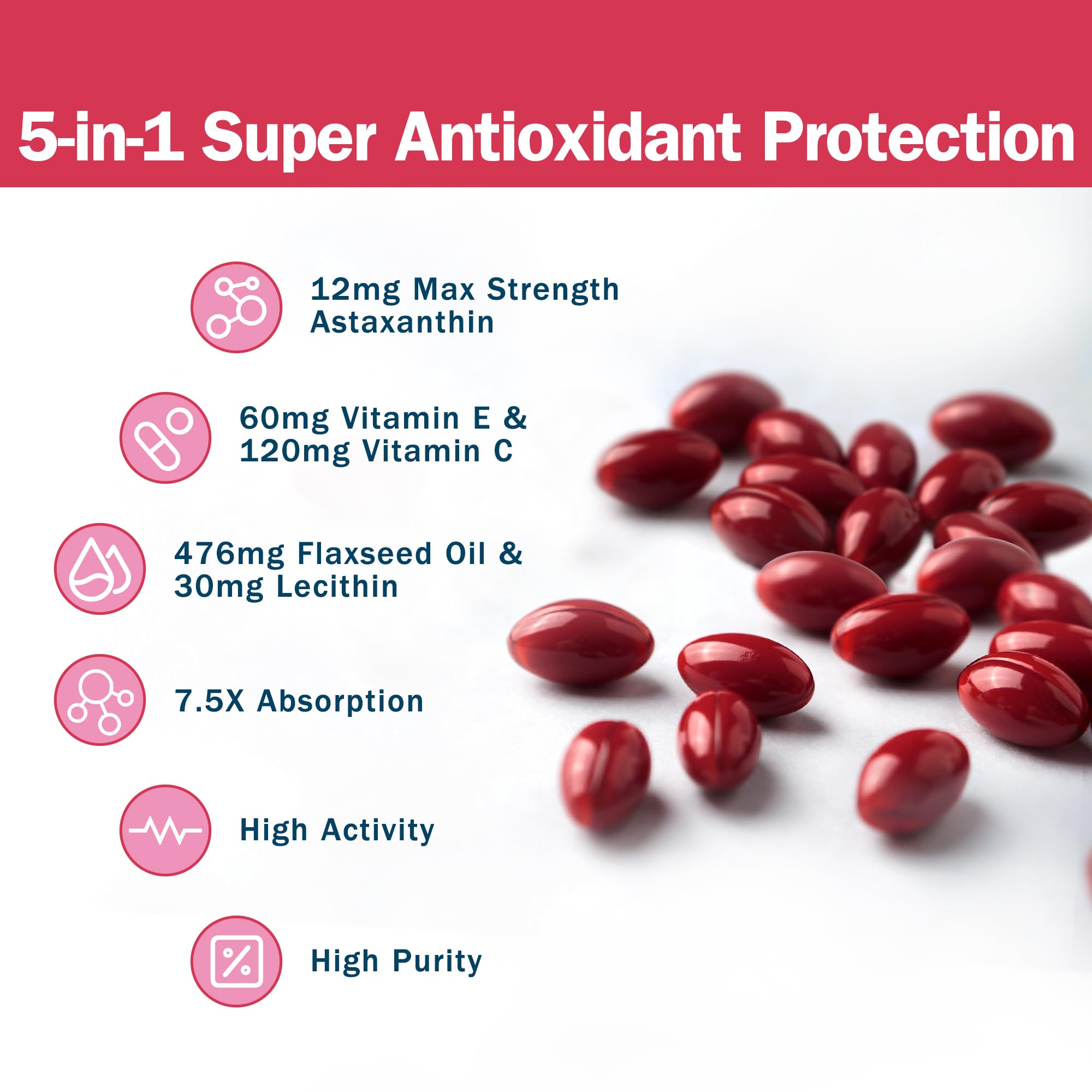 NYO3 Astaxanthine 12mg, compléments alimentaires antioxydants premium avec vitamines C et E, lécithine et huile de lin, 60 gélules molles, source fraîche de microalgues