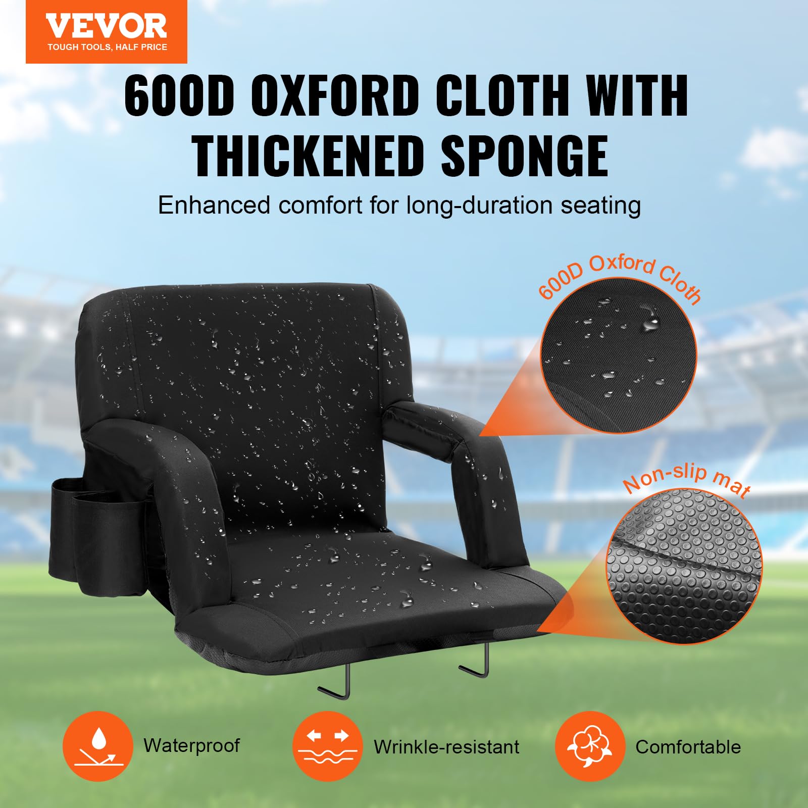 VEVOR Stadium Seat with Back Support, Wide Bleacher Seat Back, Folding Padded Cushion Stadium Chair, Portable Reclining Chair with Hook Pocket Cupholder, Ideal for Sport Event Beach Camping Concert
