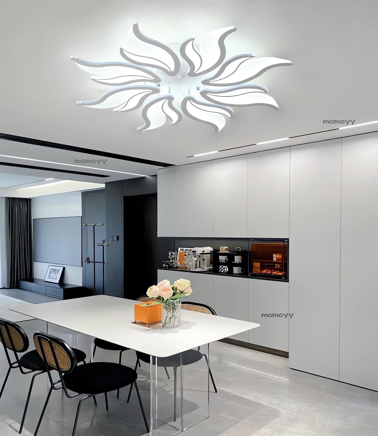 Modern Led Ceiling Light Dimmable with Remote Control Ceiling Lamp Living Room Bedroom Dining Room Ceiling Light Flame Modelling Multifunctional Ceiling Lighting (White, 8 Heads)