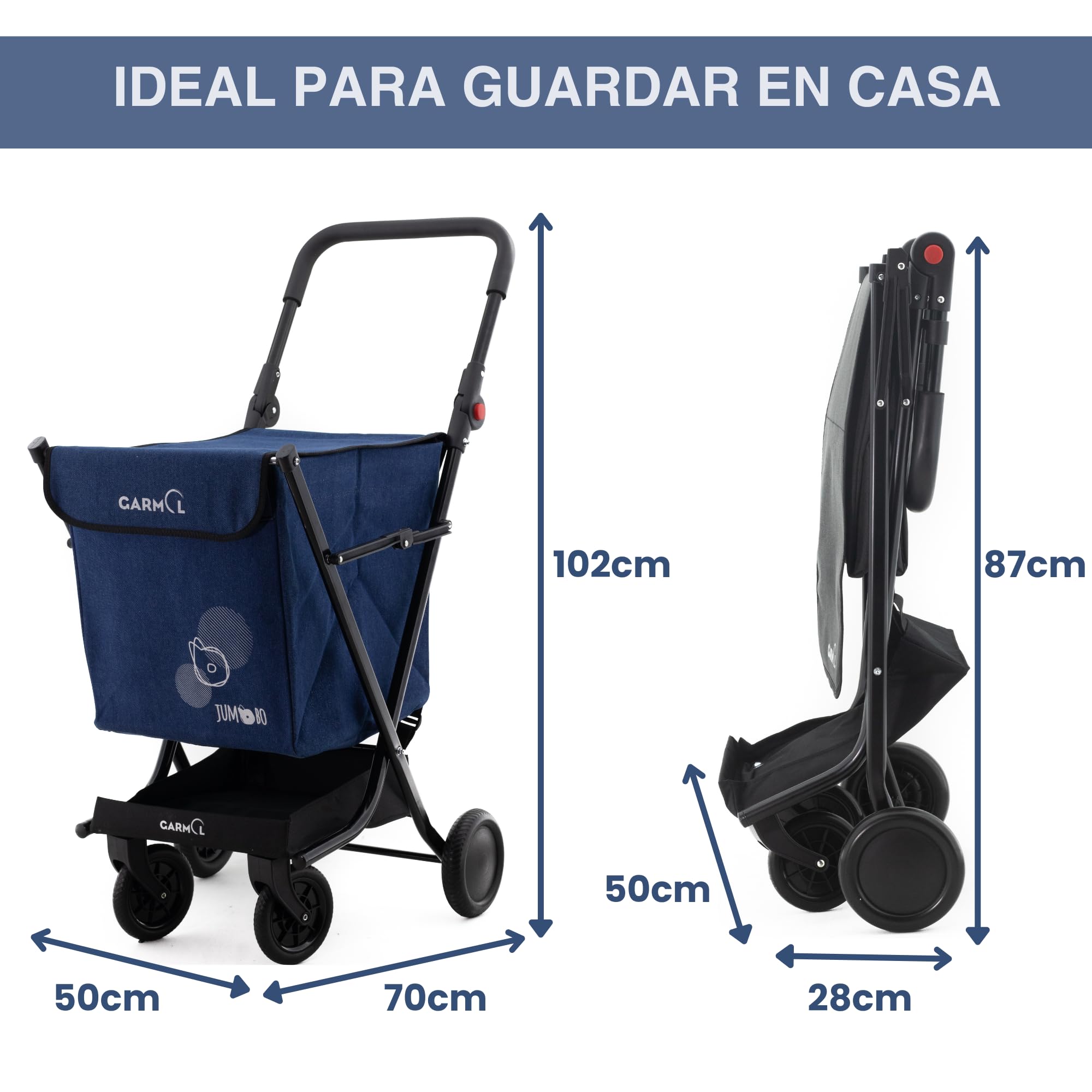 GARMOL Carro de la Compra Plegable 66 litros | Carro de la Compra 4 Ruedas Gran Capacidad | Carrito Compra 4 Ruedas Plegable Color Azul Marino